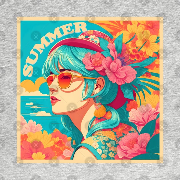 vintage pop-art Summer girl on flower beach by JulenDesign